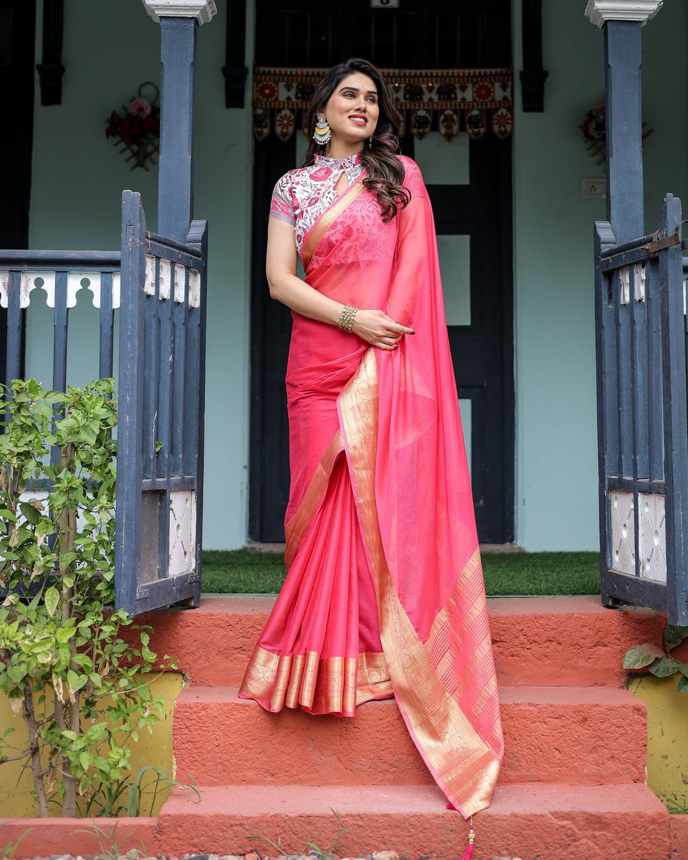Raspberry Pink Plain Chiffon Saree with Gold Zari Border High-Neck Floral Printed Blouse & Tassel Detailing CHIFFON H