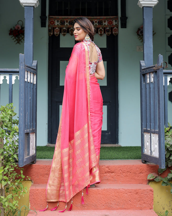 Raspberry Pink Plain Chiffon Saree with Gold Zari Border High-Neck Floral Printed Blouse & Tassel Detailing CHIFFON H