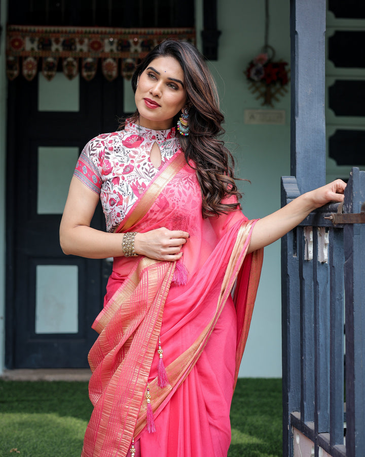 Raspberry Pink Plain Chiffon Saree with Gold Zari Border High-Neck Floral Printed Blouse & Tassel Detailing CHIFFON H