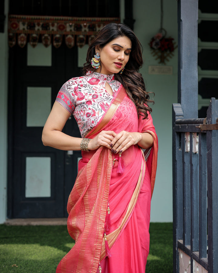 Raspberry Pink Plain Chiffon Saree with Gold Zari Border High-Neck Floral Printed Blouse & Tassel Detailing CHIFFON H