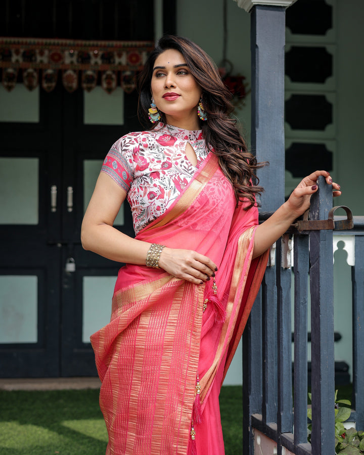 Raspberry Pink Plain Chiffon Saree with Gold Zari Border High-Neck Floral Printed Blouse & Tassel Detailing CHIFFON H