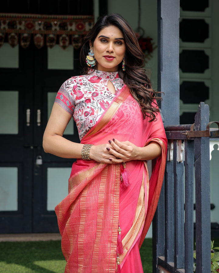 Raspberry Pink Plain Chiffon Saree with Gold Zari Border High-Neck Floral Printed Blouse & Tassel Detailing CHIFFON H