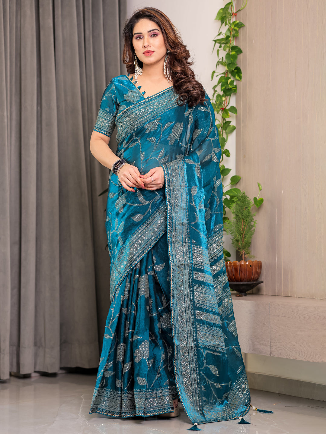 Teal Blue Fendi Satin Leafy Floral Block & Foil Printed Saree with Ornamental Border, Tassel Edges & Attached Blouse