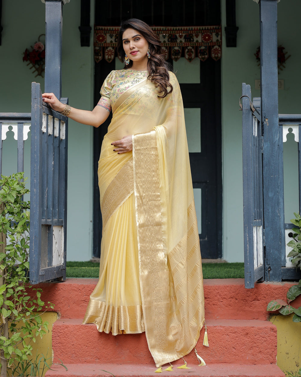 Sunshine Yellow Plain Chiffon Saree with Gold Zari Border and Floral Puff Sleeve Blouse CHIFFON H 138-142