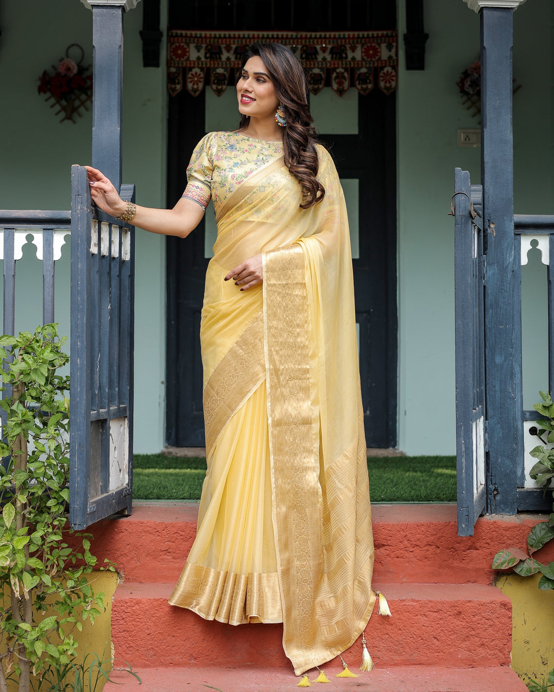 Sunshine Yellow Plain Chiffon Saree with Gold Zari Border and Floral Puff Sleeve Blouse CHIFFON H 138-142