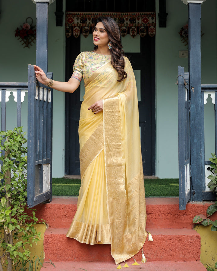Sunshine Yellow Plain Chiffon Saree with Gold Zari Border and Floral Puff Sleeve Blouse CHIFFON H 138-142