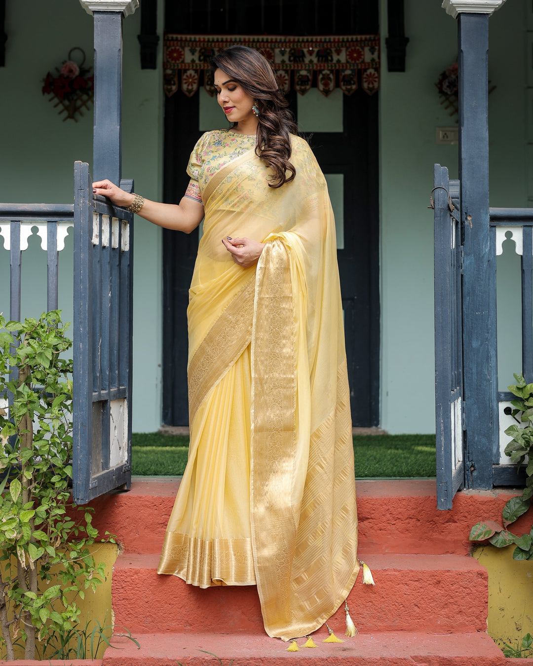Sunshine Yellow Plain Chiffon Saree with Gold Zari Border and Floral Puff Sleeve Blouse CHIFFON H 138-142