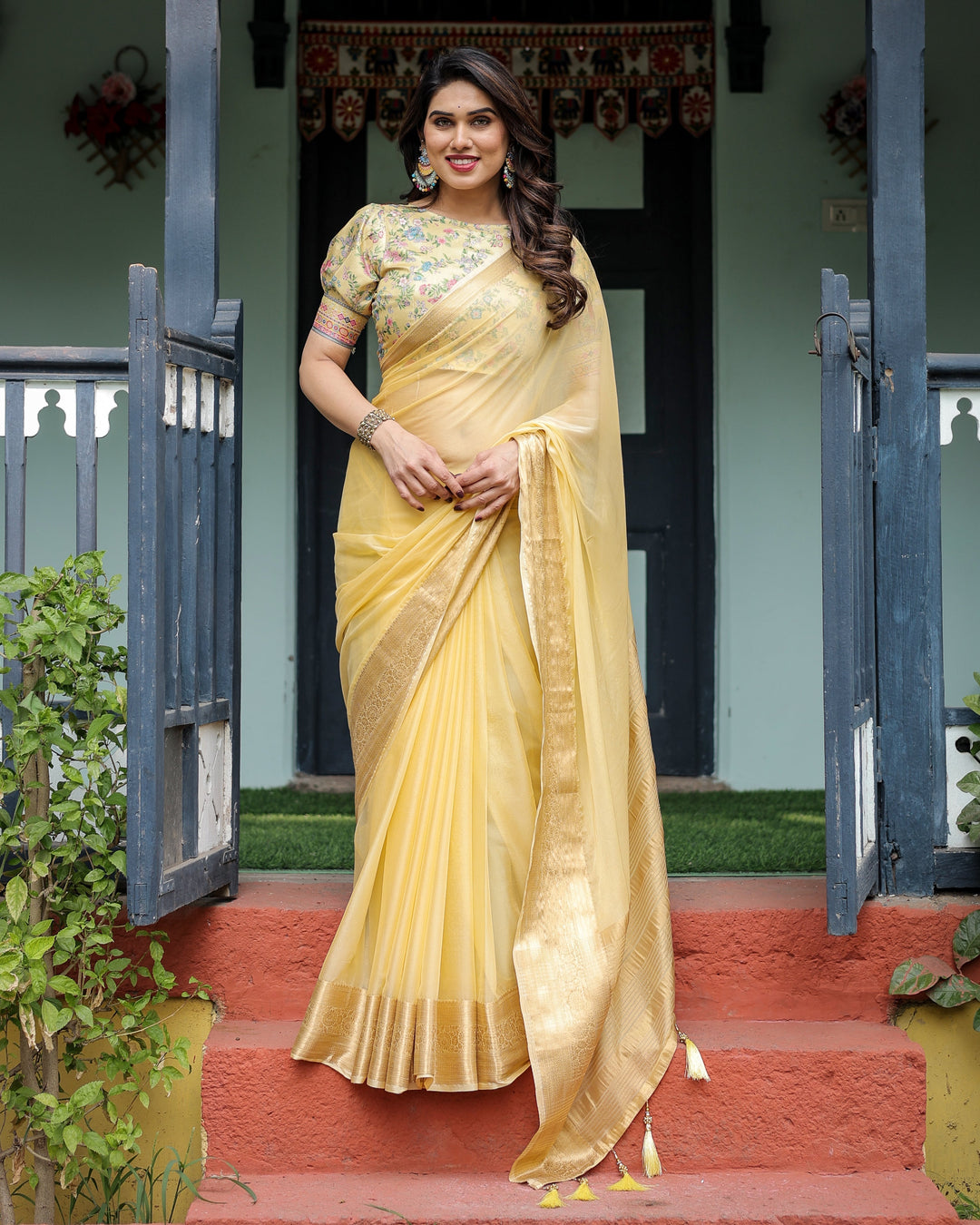 Sunshine Yellow Plain Chiffon Saree with Gold Zari Border and Floral Puff Sleeve Blouse CHIFFON H 138-142