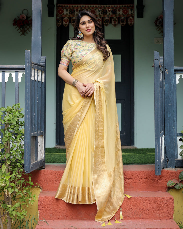 Sunshine Yellow Plain Chiffon Saree with Gold Zari Border and Floral Puff Sleeve Blouse CHIFFON H 138-142
