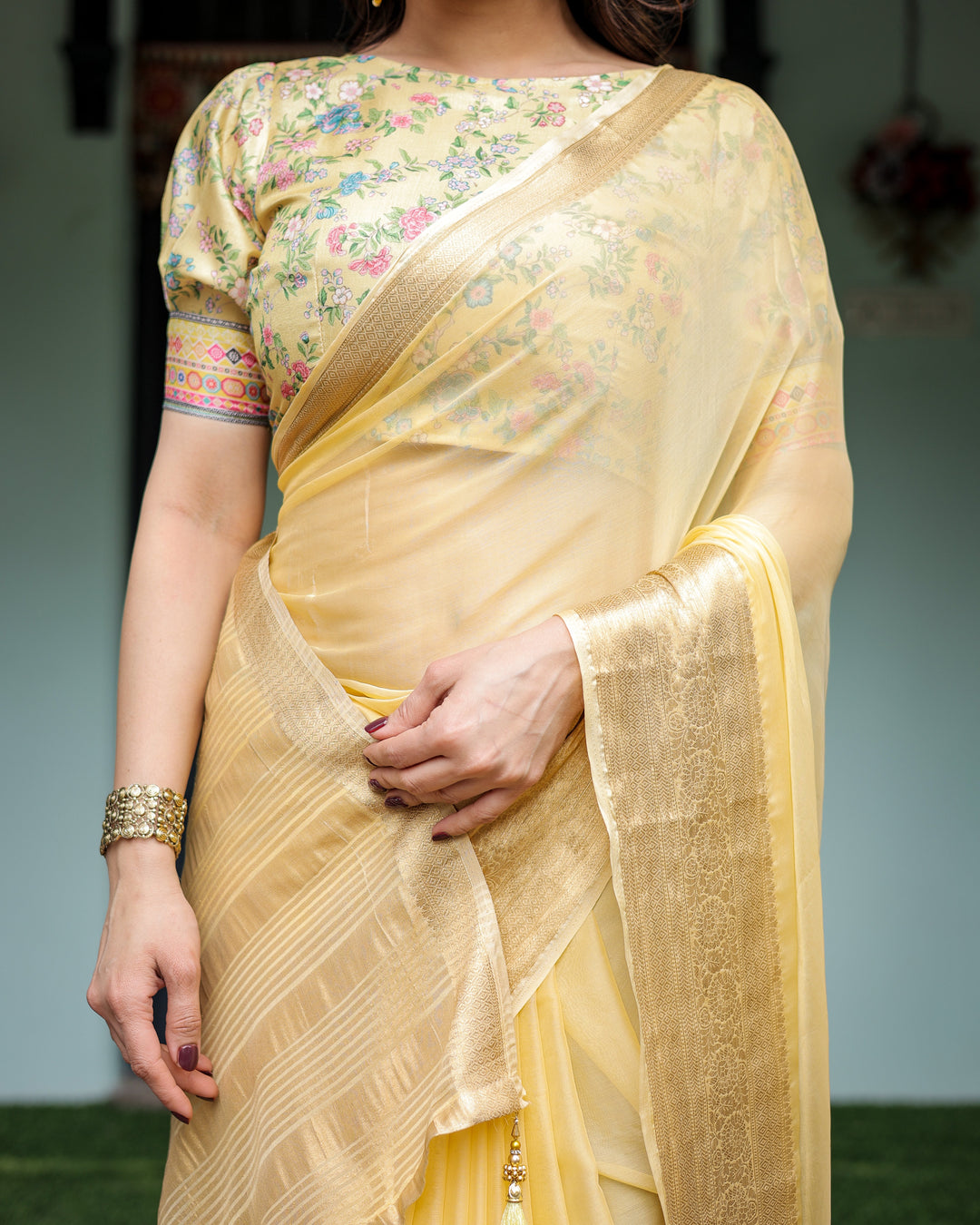 Sunshine Yellow Plain Chiffon Saree with Gold Zari Border and Floral Puff Sleeve Blouse CHIFFON H 138-142