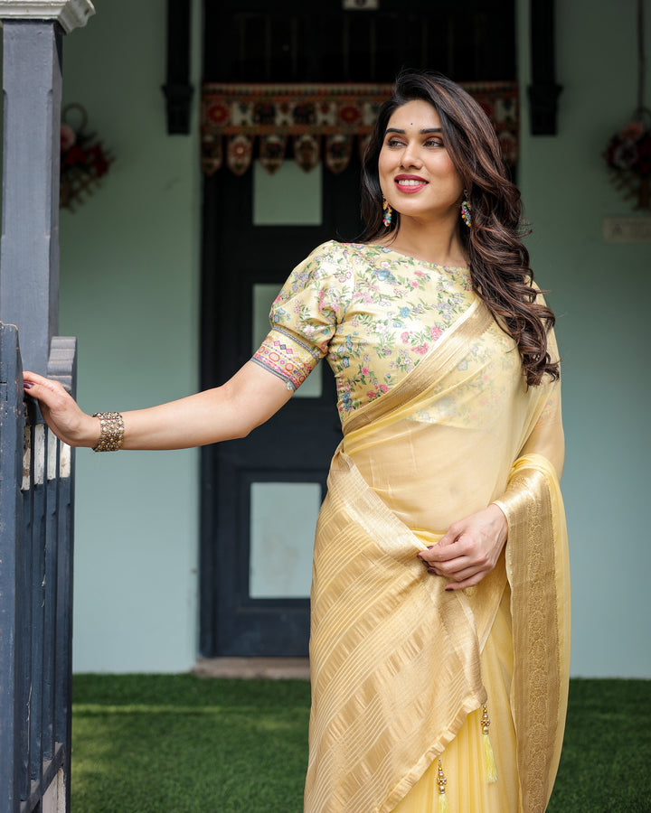 Sunshine Yellow Plain Chiffon Saree with Gold Zari Border and Floral Puff Sleeve Blouse CHIFFON H 138-142