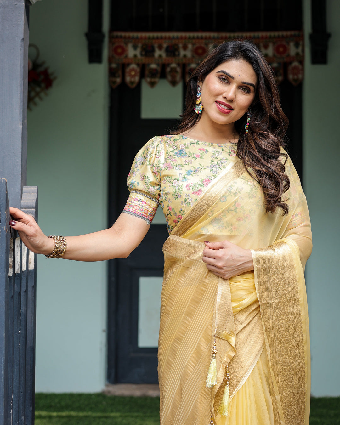 Sunshine Yellow Plain Chiffon Saree with Gold Zari Border and Floral Puff Sleeve Blouse CHIFFON H 138-142