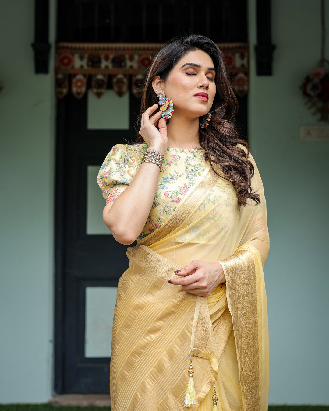 Sunshine Yellow Plain Chiffon Saree with Gold Zari Border and Floral Puff Sleeve Blouse CHIFFON H 138-142