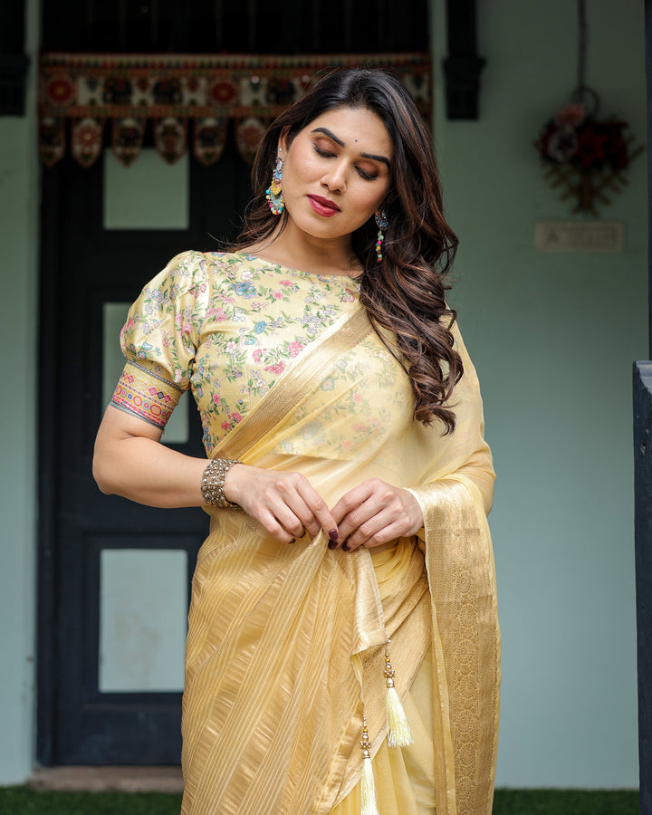 Sunshine Yellow Plain Chiffon Saree with Gold Zari Border and Floral Puff Sleeve Blouse CHIFFON H 138-142