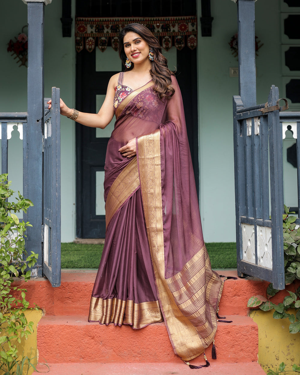 Plum Sheer Chiffon Saree with Golden Zari Border and Floral Designer Blouse CHIFFON H 138-142