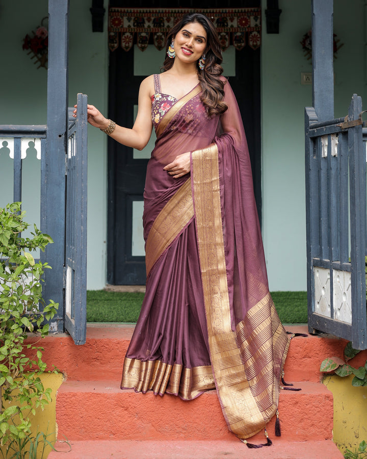 Plum Sheer Chiffon Saree with Golden Zari Border and Floral Designer Blouse CHIFFON H 138-142