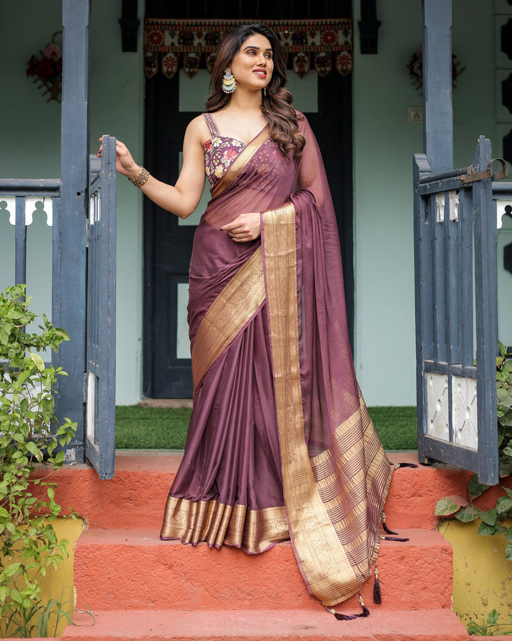 Plum Sheer Chiffon Saree with Golden Zari Border and Floral Designer Blouse CHIFFON H 138-142