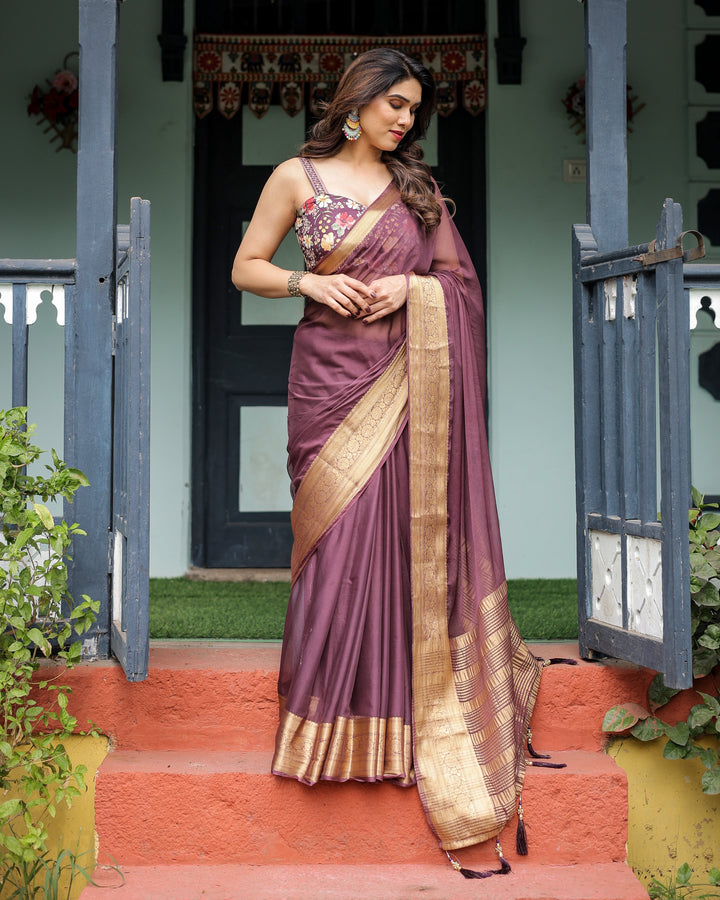 Plum Sheer Chiffon Saree with Golden Zari Border and Floral Designer Blouse CHIFFON H 138-142