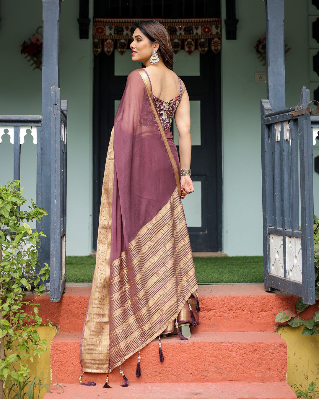 Plum Sheer Chiffon Saree with Golden Zari Border and Floral Designer Blouse CHIFFON H 138-142