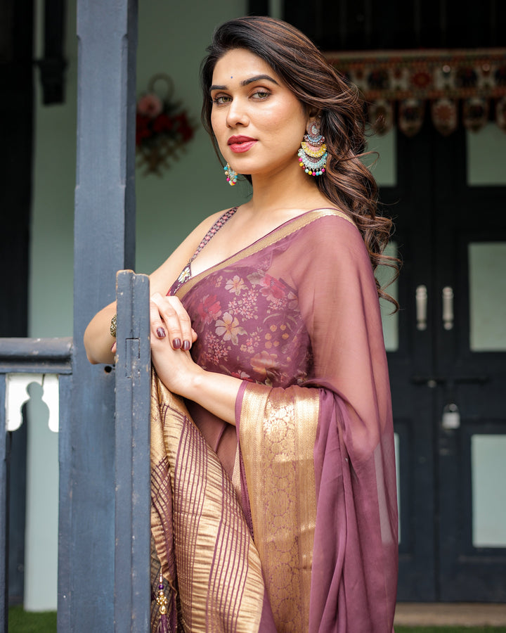 Plum Sheer Chiffon Saree with Golden Zari Border and Floral Designer Blouse CHIFFON H 138-142