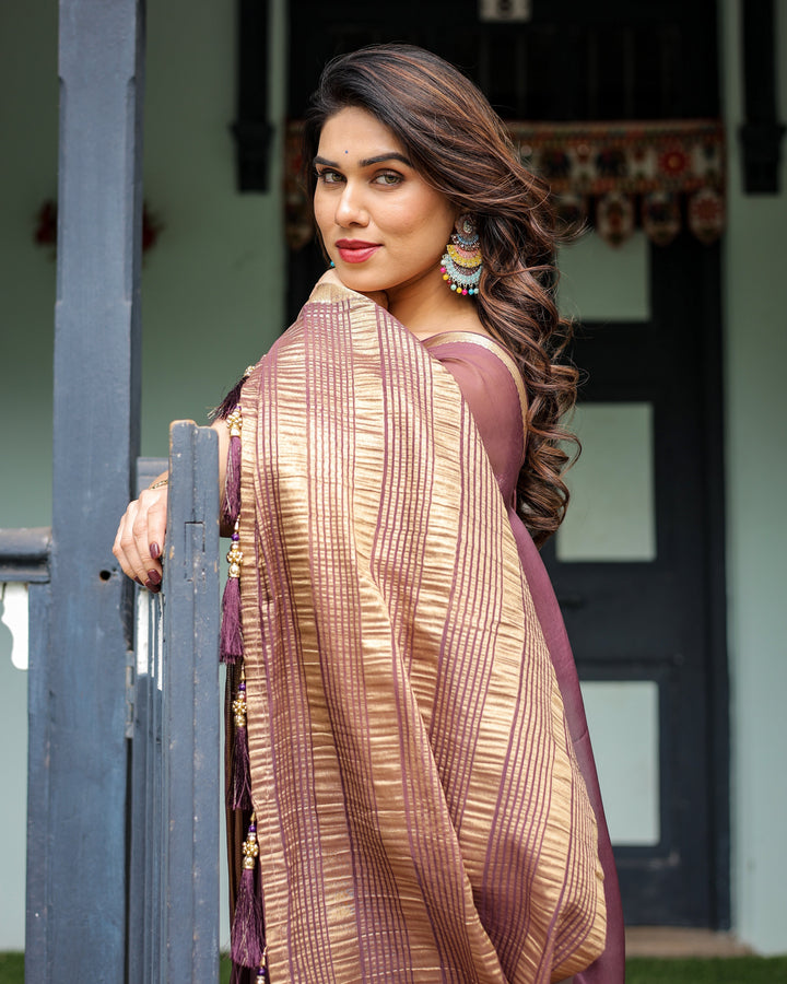 Plum Sheer Chiffon Saree with Golden Zari Border and Floral Designer Blouse CHIFFON H 138-142