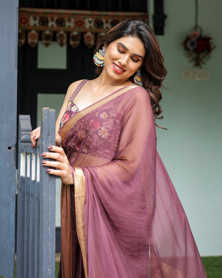 Plum Sheer Chiffon Saree with Golden Zari Border and Floral Designer Blouse CHIFFON H 138-142