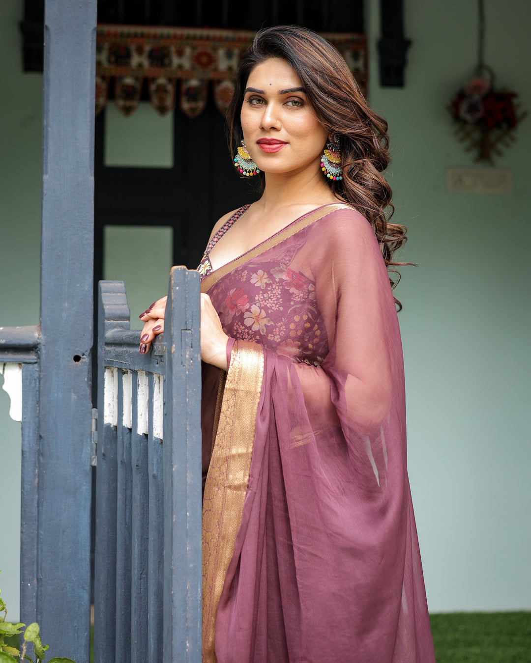Plum Sheer Chiffon Saree with Golden Zari Border and Floral Designer Blouse CHIFFON H 138-142