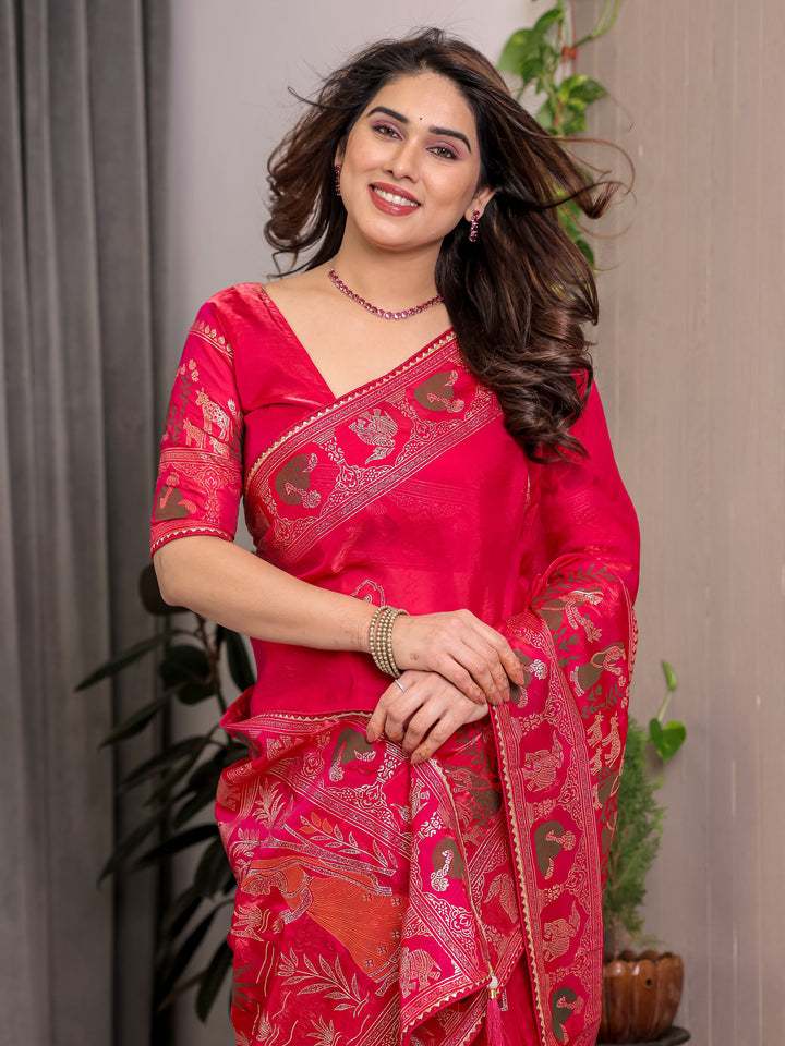 Royal Rani Pink Fendi Satin Peacock & Floral Block and Foil Printed Saree with Traditional Border, Tassel Edges & Attached Blouse