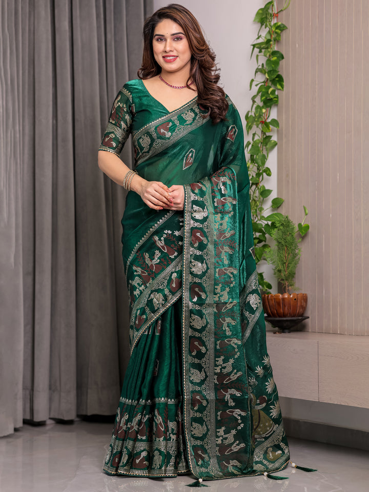Emerald Green Fendi Satin Peacock & Heritage Motif Block and Foil Printed Saree with Traditional Border, Tassel Edges & Attached Blouse