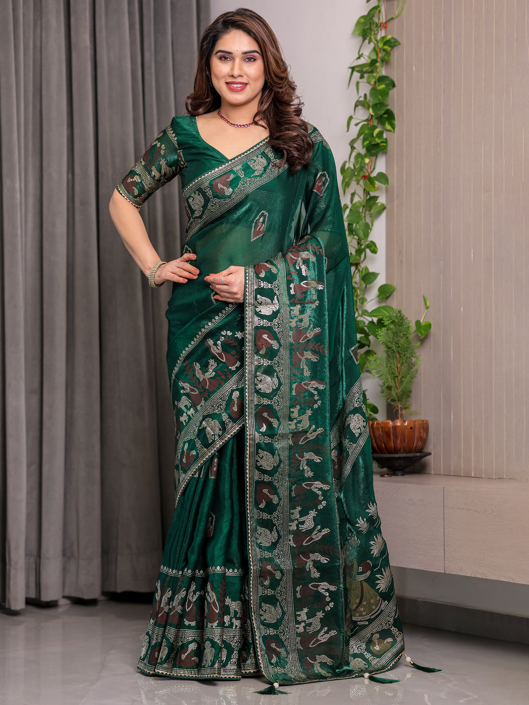 Emerald Green Fendi Satin Peacock & Heritage Motif Block and Foil Printed Saree with Traditional Border, Tassel Edges & Attached Blouse