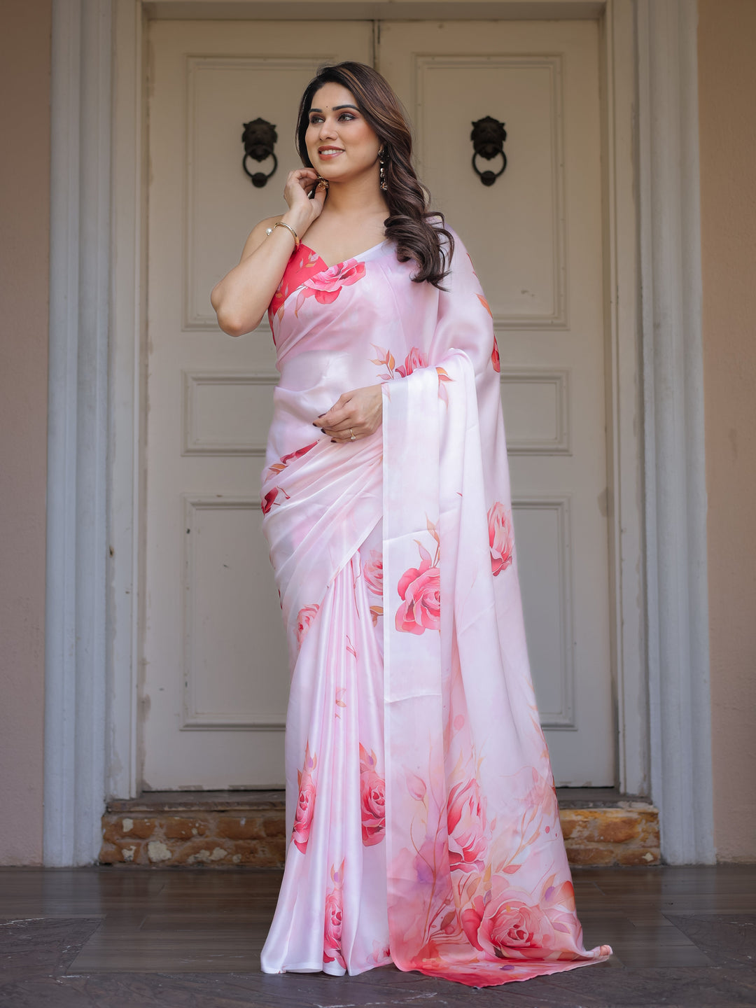 Romantic White & Red Heart Print Satin Georgette Saree with Matching Blouse – Valentine & Anniversary Special