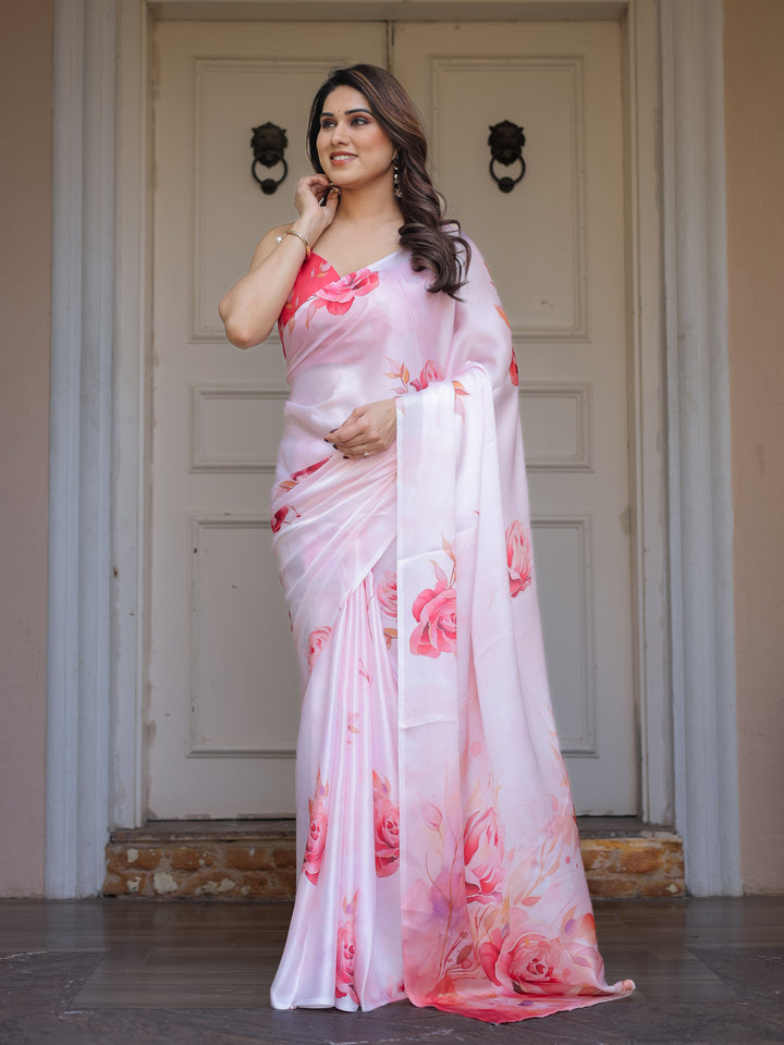 Romantic White & Red Heart Print Satin Georgette Saree with Matching Blouse – Valentine & Anniversary Special
