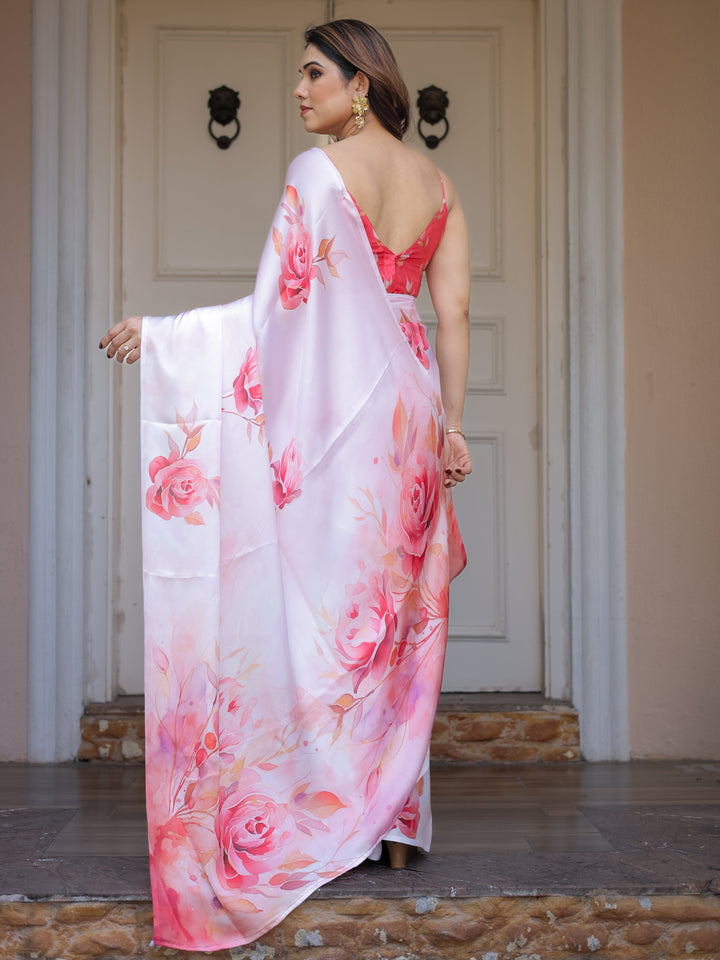 Romantic White & Red Heart Print Satin Georgette Saree with Matching Blouse – Valentine & Anniversary Special