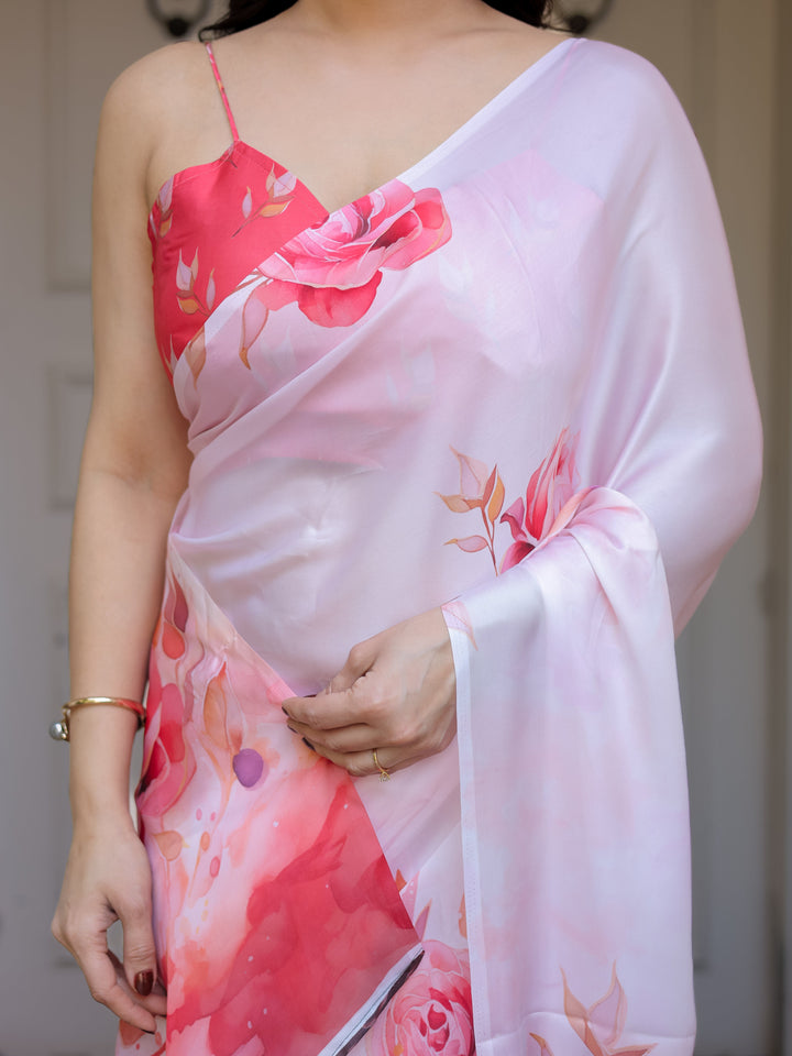 Romantic White & Red Heart Print Satin Georgette Saree with Matching Blouse – Valentine & Anniversary Special