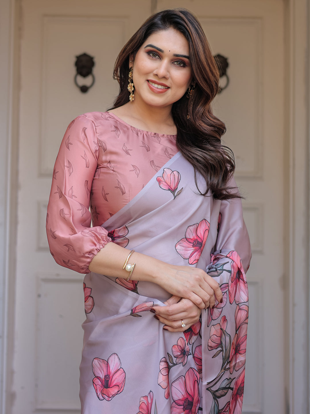 Dusty Lavender Satin Georgette Floral Printed Saree with Rose Pink Blouse & Artistic Floral Pallu | Soft Elegant Party Wear Saree