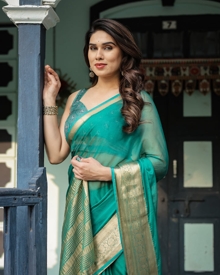 Elegant Sea Green Plain Chiffon Saree with Gold Zari Border Paisley Printed Blouse & Tassel Detailing CHIFFON H 121-125