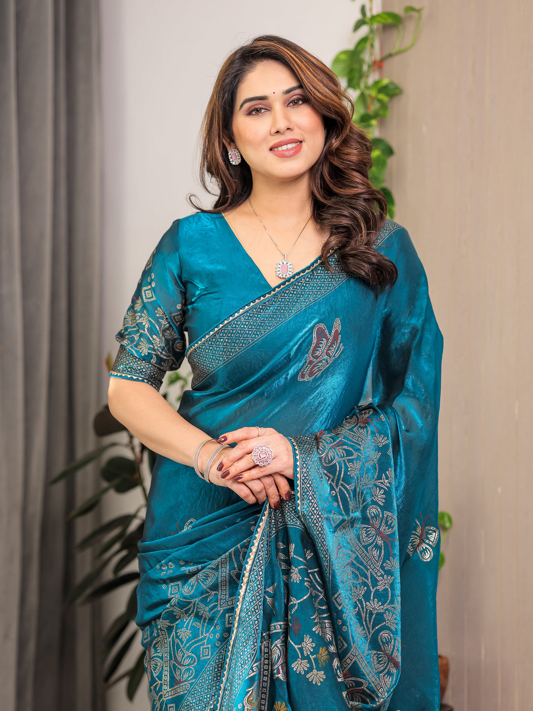 Teal Blue Fendi Satin Block & Foil Print Saree with Attached Blouse & Tassel Detailing