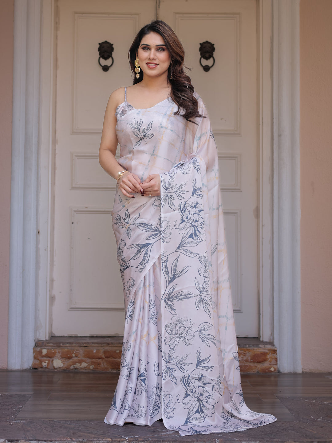 Ivory White Satin Georgette Botanical Printed Saree with Soft Grey Blouse & Artistic Floral Pallu | Elegant Minimal Party Wear Saree