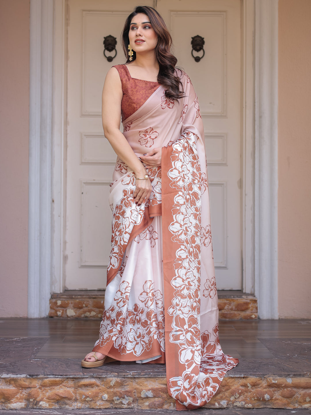 Peach Blush Satin Georgette Floral Printed Saree with Rust Brown Blouse & Statement Floral Pallu | Soft Elegant Party Wear Saree