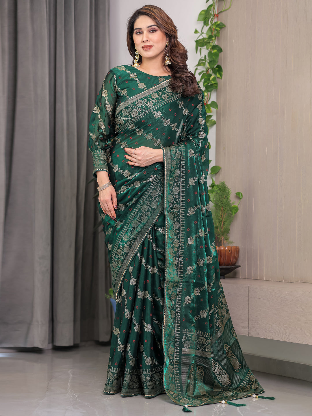 Emerald Green Fendi Satin Block & Foil Print Saree with Attached Blouse & Tassel Finish