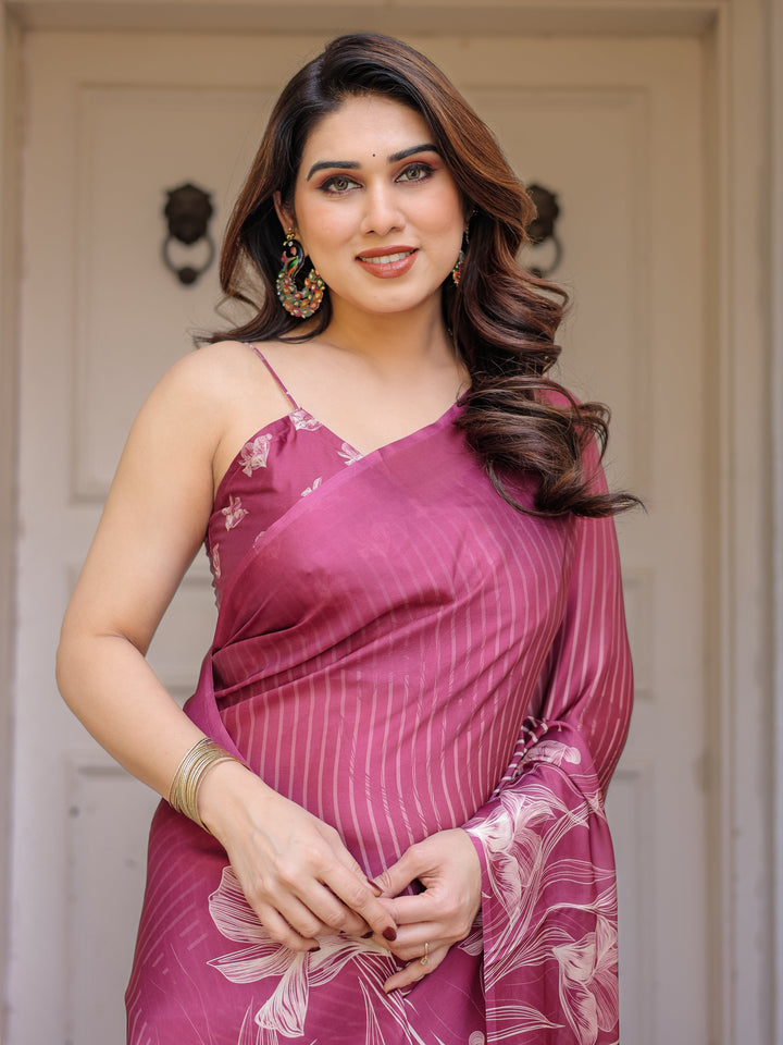 Rose Pink Linear Floral Printed Satin Georgette Saree with Matching Blouse – Graceful Day & Festive Wear