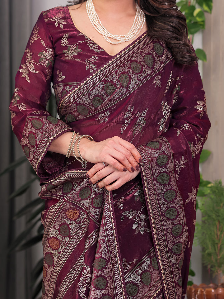 Wine Maroon Fendi Satin Block & Foil Print Saree with Floral Motifs, Attached Blouse & Tassel Pallu