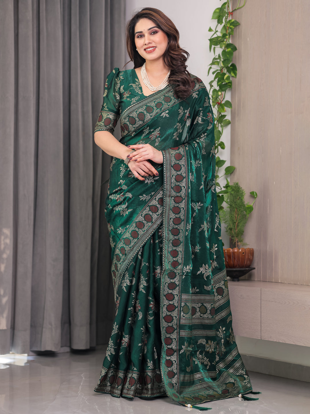 Bottle Green Fendi Satin Block & Foil Print Saree with Floral Motifs, Attached Blouse & Tassel Pallu