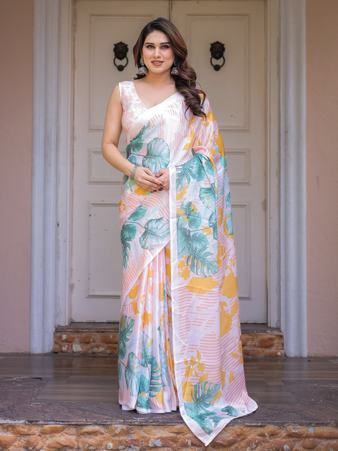 White Tropical Leaf Printed Satin Georgette Saree with Matching Blouse – Fresh Summer Party & Day Wear