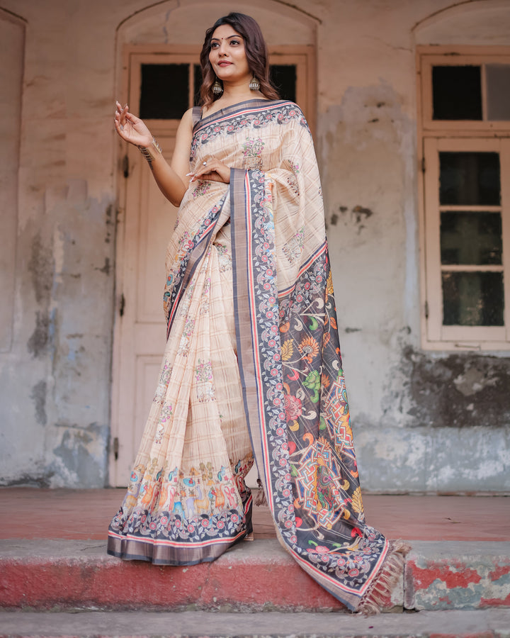 Designer Beige Saree with Contrast Black Pallu & Exquisite Ethnic Patterns