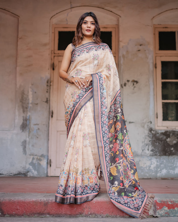 Designer Beige Saree with Contrast Black Pallu & Exquisite Ethnic Patterns