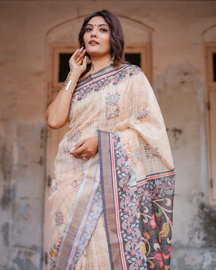 Designer Beige Saree with Contrast Black Pallu & Exquisite Ethnic Patterns