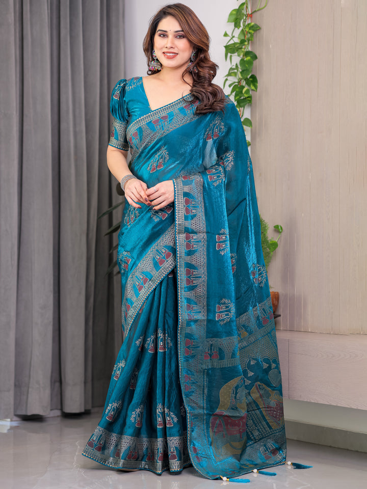 Teal Peacock Blue Fendi Satin Block & Foil Print Saree with Traditional Motif Border & Tassel Detail Blouse