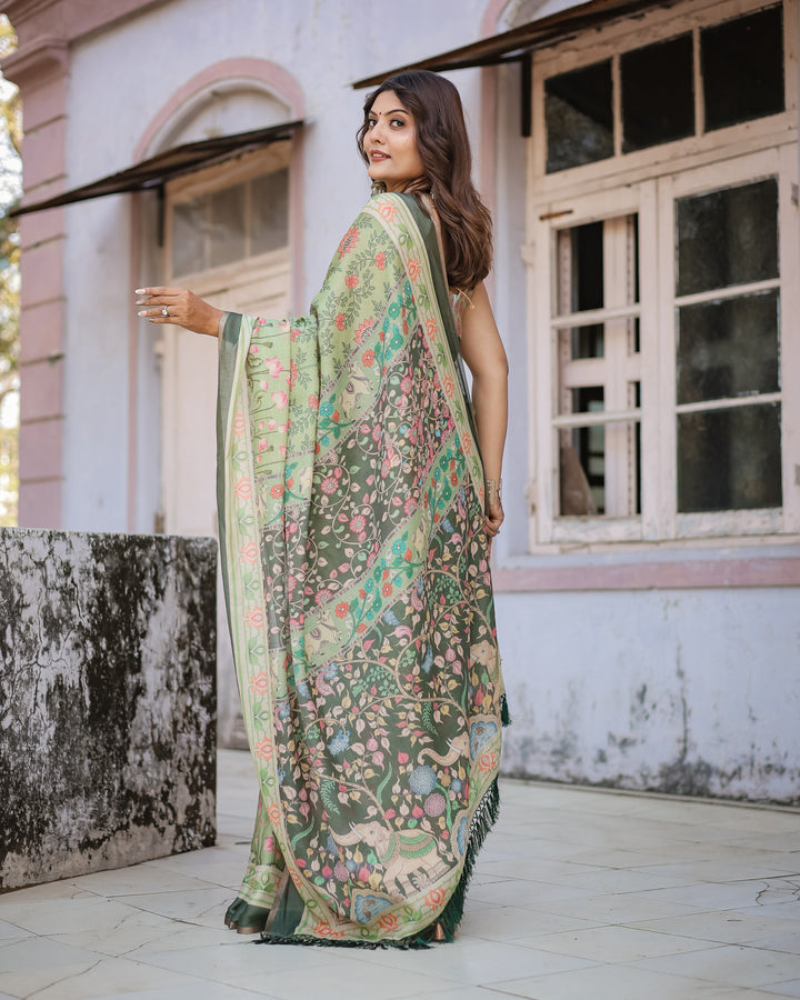 Graceful Green & Beige Saree with Exquisite Floral Prints – Perfect for Weddings & Festive Wear