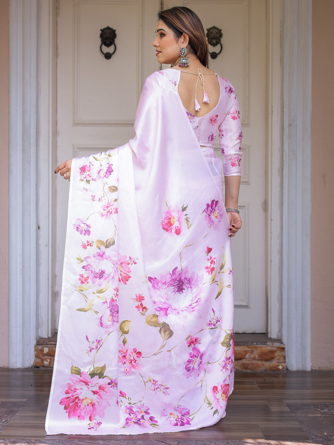 Baby Pink Floral Printed Satin Georgette Saree with Matching Blouse – Soft Romantic Party & Day Wear